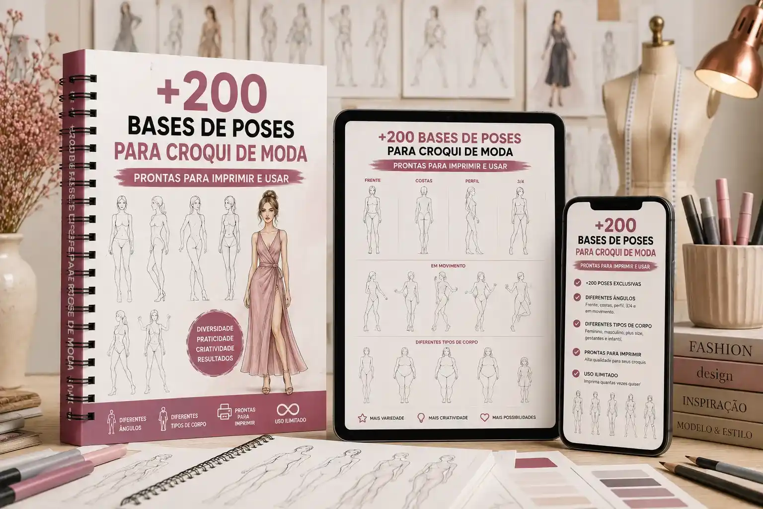 Material principal com as mais de 300 bases de poses para croqui de moda